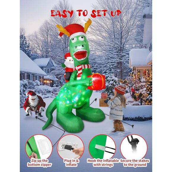 🆕8ft Christmas Inflatable Santa Riding Dinosaur Holding Gift Outdoor Decoration - Picture 8 of 9